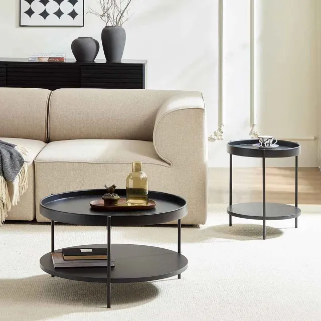 NJLyuhome Home - Ronde salontafel met 2 opbergniveaus - Ø69 x 38 cm - MDF met echthout fineer - Zwarte metalen poten