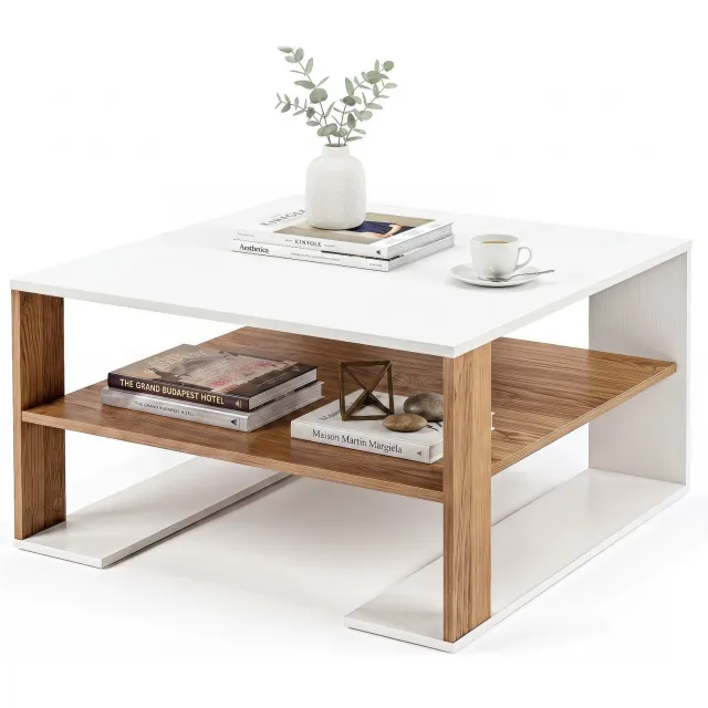 Suredeal Salontafel - Rechthoekige Moderne Woonkamer - Opslagruimte Stabiele Bijzettafel - Woonkamer - 75x75x40 cm - Wit & Natuurlijk