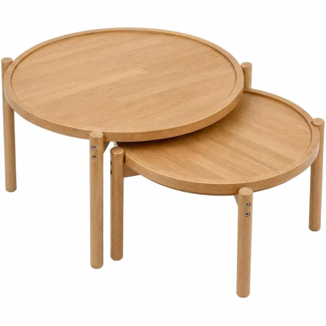 HOERFURIY Ronde salontafel set 2 stuks 60 cm en 48 cm, natuurlijke houtkleur, nestbare bijzettafels van houtlook voor woonkamer