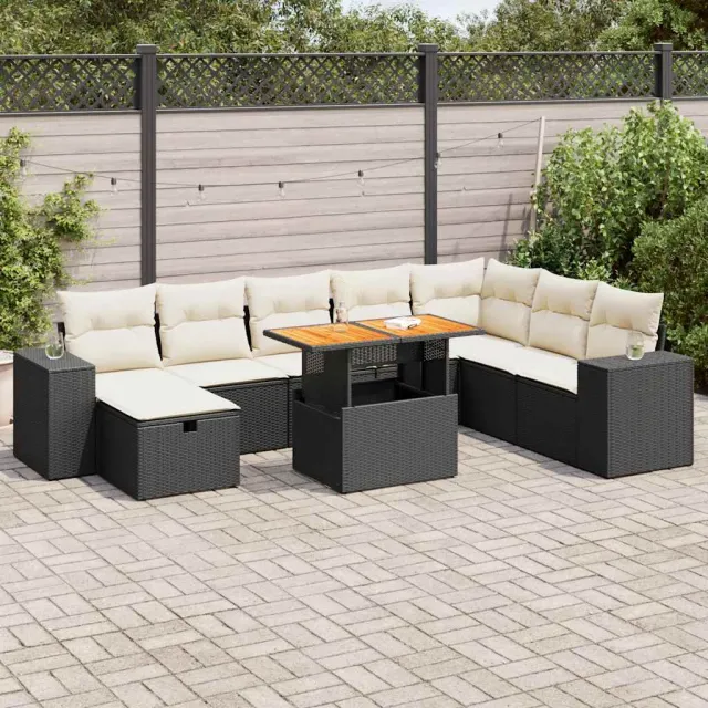 vidaXL 9-delige Loungeset met kussens poly rattan acacia zwart, foto 2