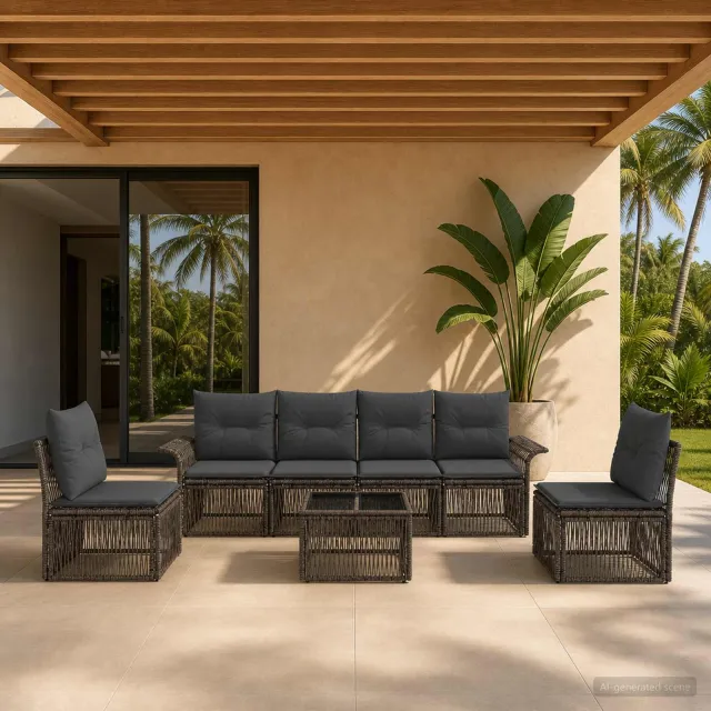 vidaXL Tuinbankenset 7 st 6-zits Grijs poly rattan