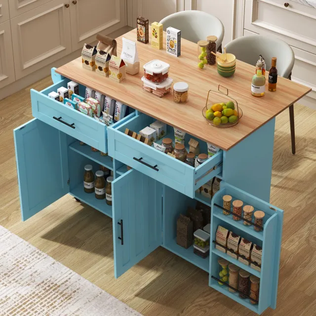 MODENUIT Keukenkast – Opklapbaar Werkblad – 129 x 46 x 91,5 cm – MDF – Blauw – Wielen en Verstelbare Planken