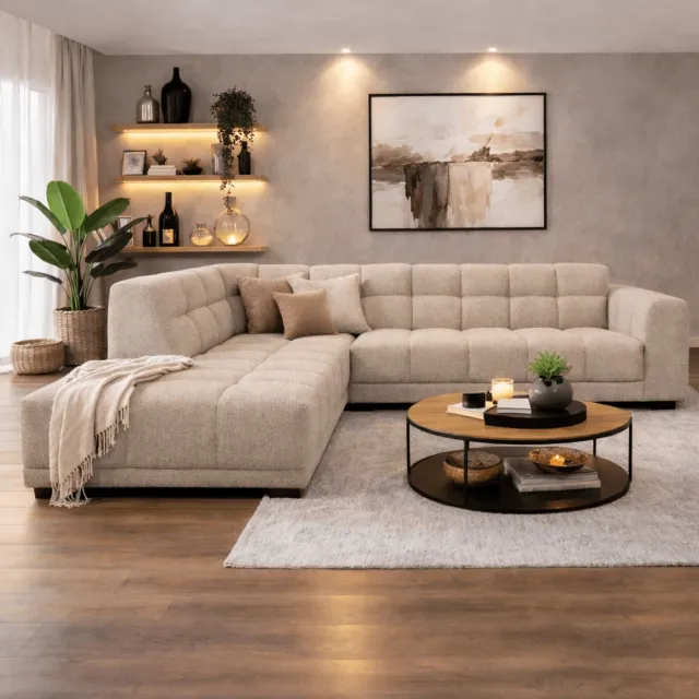 Dimehouse Hoekbank met lounge beige bouclé stof Nova - links - Stof - Scandinavisch & Basic - 270 x 219 x 76 cm