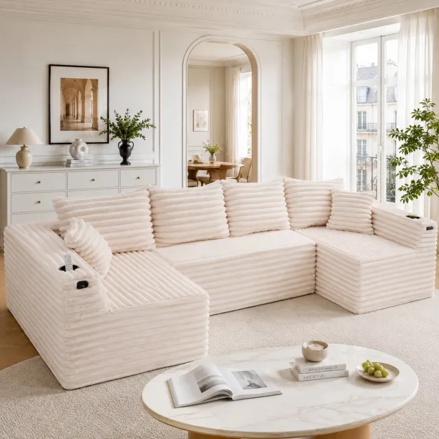 HAUSS SPOLE U-Bank - Modulaire Hoekbank - Met Bekerhouders En Zijvakken - Loungesofa Voor Woonkamer En Studiokamer - Cord Beige