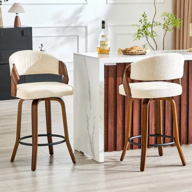 HAUSS SPOLE Barkruk - Set Van 2 Met Rugleuning En Armleuning - Comfortabele Zitting Met Voetsteun - Voor Keuken En Bar - Hout Wit