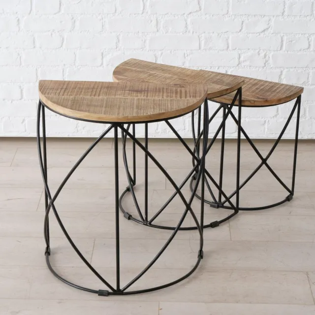 Boltze Tafel - 3 set - Smeedijzer - Mango hout- Half rond - 58-30-45cm bruin