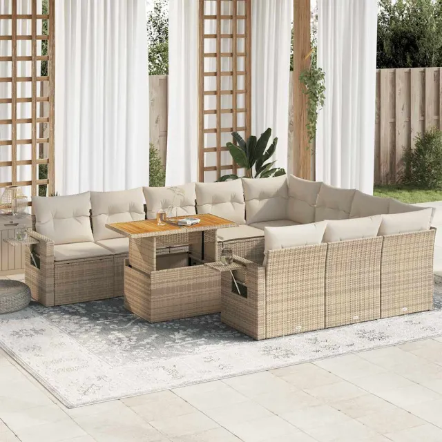 vidaXL 11-delige Tuinset met kussens poly rattan beige, foto 2