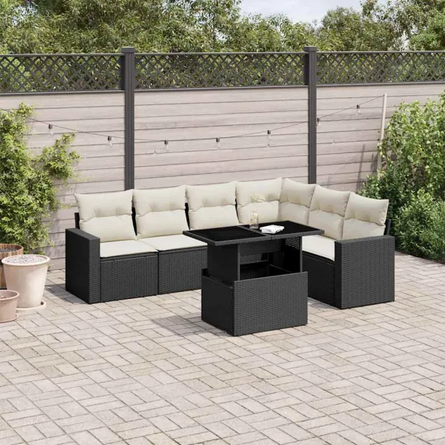 vidaXL 7-delige Loungeset met kussens poly rattan zwart, foto 2