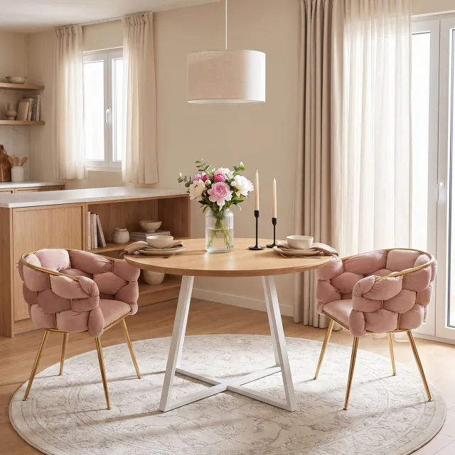 HAUSS SPOLE Fauteuil - Set van 2 - Fluwelen Bekleding met Armleuningen - Voor Woonkamer, Slaapkamer en Eetkamer - Goudkleurig Metaal en Roze