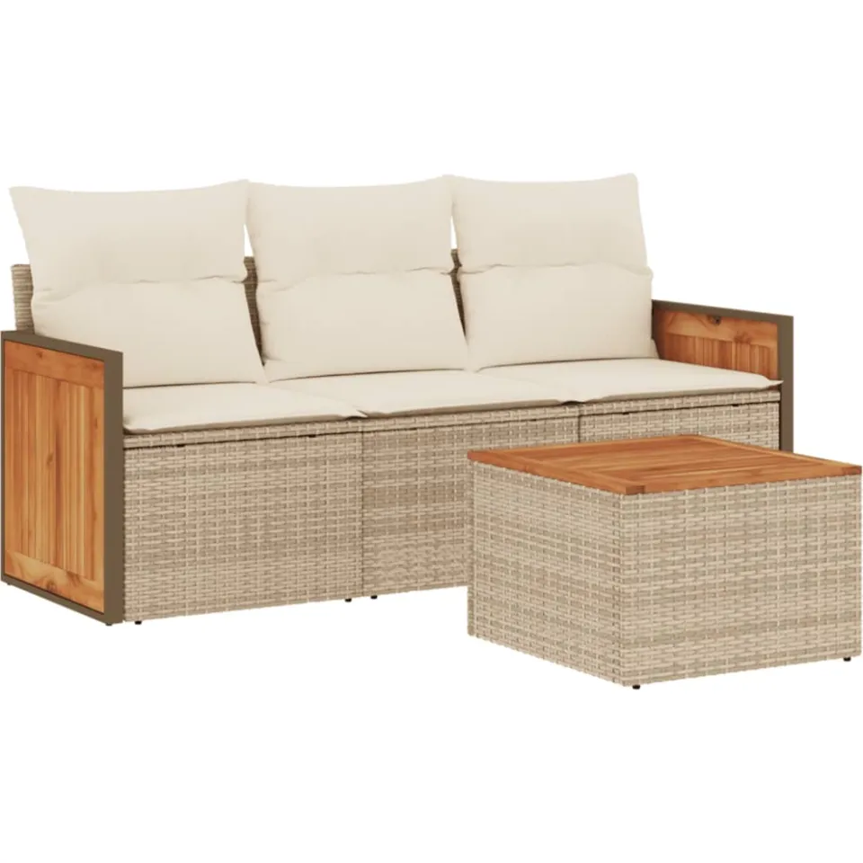 vidaXL 4-delige Loungeset met kussens poly rattan beige, foto 3