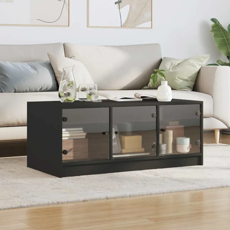 vidaXL Salontafel met glazen deuren 102x50x42 cm zwart, foto 3