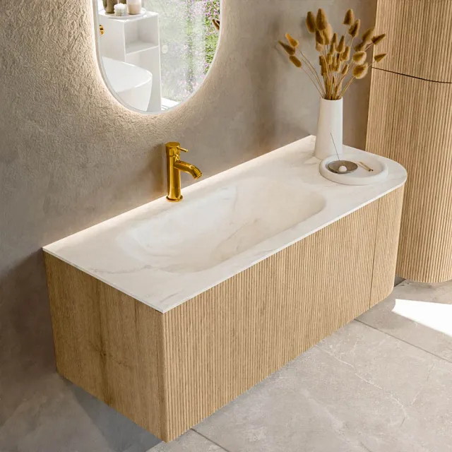 Mondiaz KURVE-DLUX 115 cm Onderkast Greeploos 1 Lade Met Deuren Oak, Wastafel Solid Surface Links Ostra 1 Kraangat Zonder Spiegel (KRVBGS115R1L1D1KL-Oak/Ost)