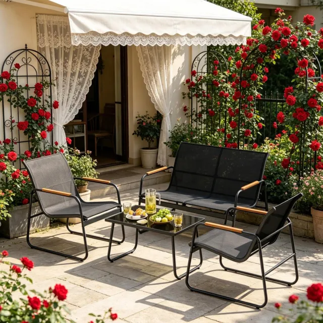 DESMIU Loungeset 4-Zits - Stoel-Bank Loungeset Met Tafel En Gehard Glas - Voor Balkon, Tuin En Terras - Metaal En Polyester - Zwart
