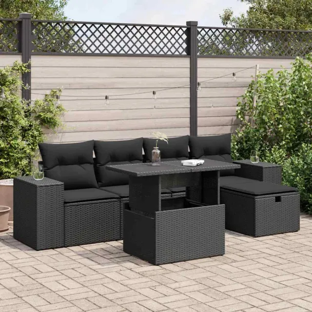 vidaXL 6-delige Loungeset met kussens poly rattan zwart, foto 2