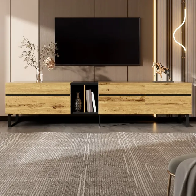 Wishdor Tv-Meubel - Tv-Lowboard Met Klepdeurtje En Dubbele Deuren - Minimalistisch Design - Spaanplaat - Houtkleur - 180 X 38 X 45 Cm