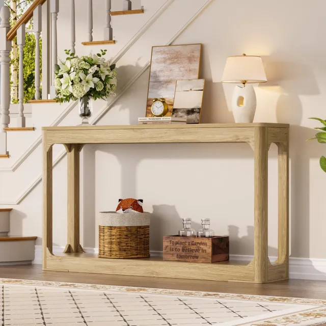 MODENUIT Sidetable 140 x 30 x 79 cm - Twee Open Niveaus met Opbergruimte - Voor Hal en Woonkamer - MDF - Naturel
