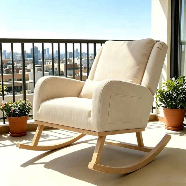 ROSAHQNDA Schommelstoel 68x93x96 cm, moderne relaxstoel met armleuningen en opbergzak, gestoffeerde fauteuil voor woonkamer, linnen-katoen, beige