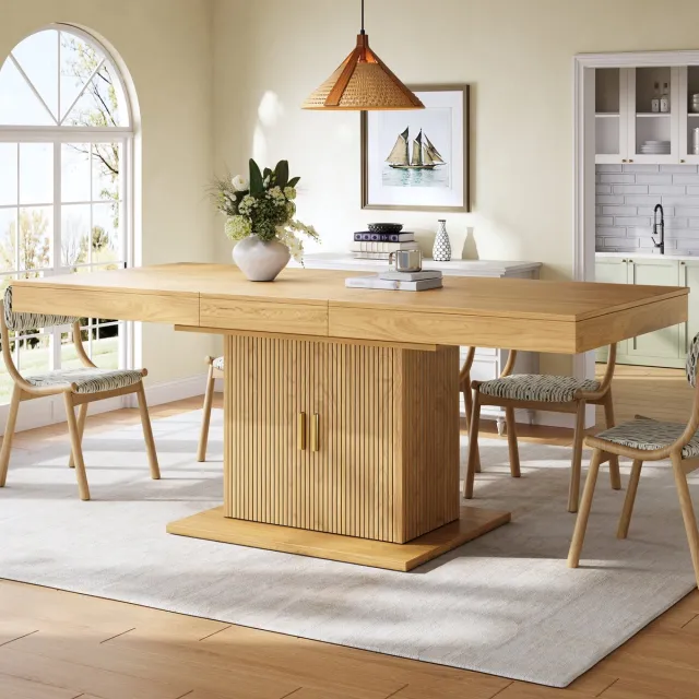 STILVORA Eettafel - Uitschuifbaar Met Opbergkast En Geribbelde Deuren - Voor Eetkamer En Open Keuken - MDF Metaal - 140-180x90x75,2 Cm - Hout Houtkleur