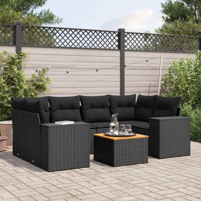 vidaXL 7-delige Loungeset met kussens poly rattan zwart, foto 2