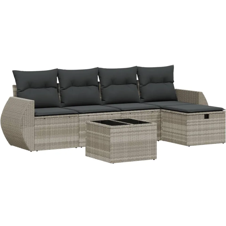 vidaXL 6-delige Loungeset met kussens poly rattan lichtgrijs