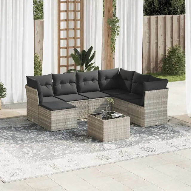 vidaXL 8-delige Loungeset met kussens poly rattan lichtgrijs grijs, foto 2