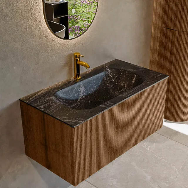 Mondiaz KURVE 90 cm Onderkast Greeploos 1 Lade Zonder Deuren Walnut, Wastafel Solid Surface Midden Urban 1 Kraangat Zonder Spiegel (KRVBGS901L0D1KM-Wal/Urb)
