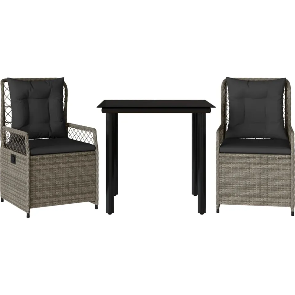 vidaXL 3-delige Tuinset met kussens poly rattan grijs, foto 3