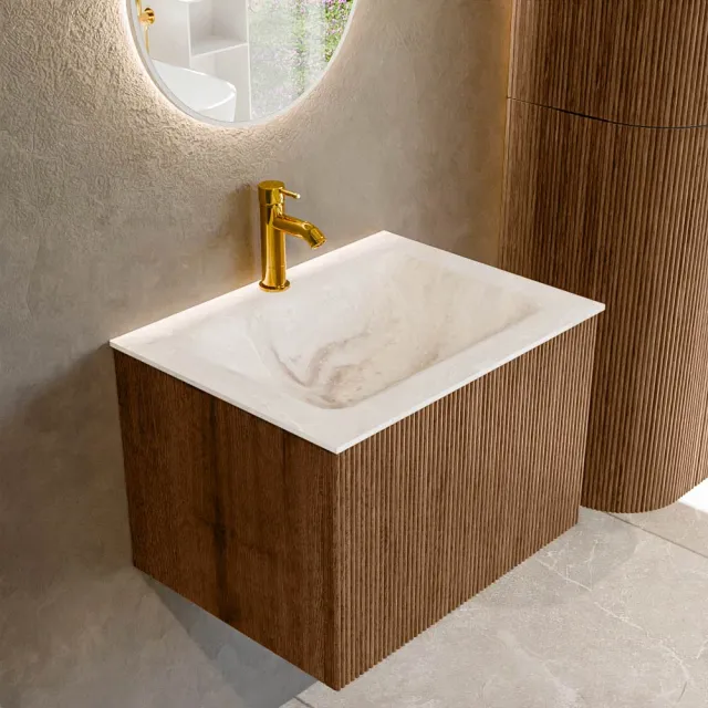 Mondiaz KURVE-DLUX 60 cm Onderkast Greeploos 1 Lade Zonder Deuren Walnut, Wastafel Solid Surface Midden Frappe 1 Kraangat Zonder Spiegel (KRVCLO601L0D1KM-Wal/Fra)