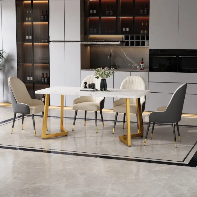 STILVORA Eettafel - Rechthoekige Eettafel Met Marmerpatroon En Gouden Metalen Poten - Veelzijdig Voor Eetkamer En Woonkamer - MDF - 117x68x75 Cm - Goud+Wit