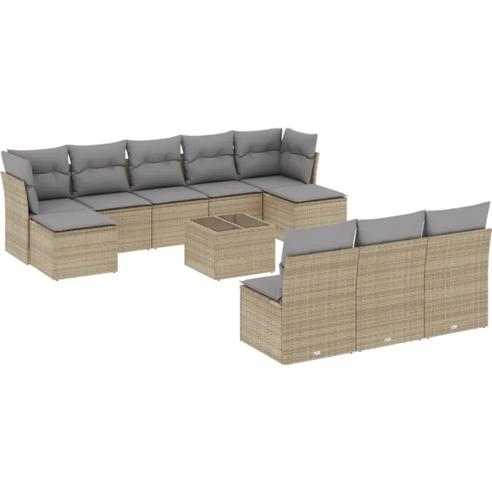 vidaXL 11-delige Tuinset met kussens poly rattan beige