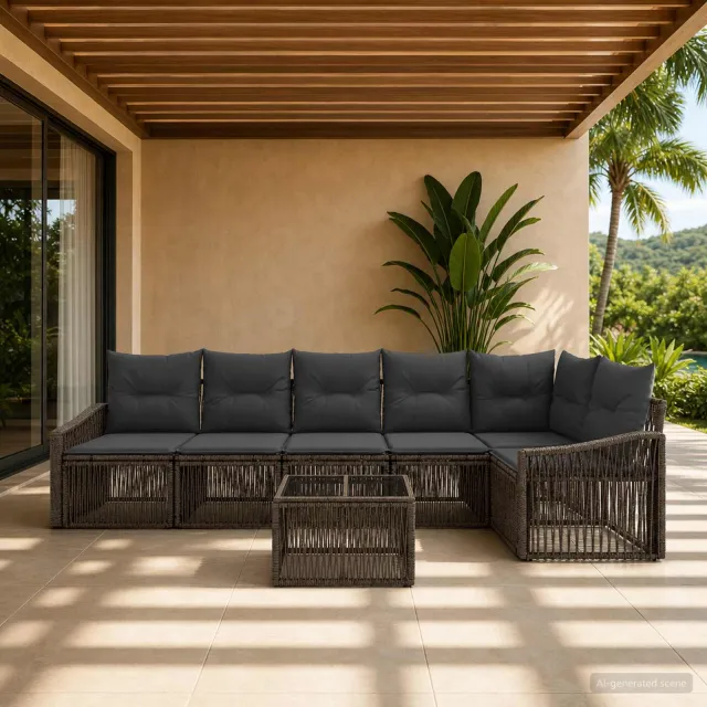 vidaXL Tuinbankenset 7 st 6-zits Grijs poly rattan, foto 2