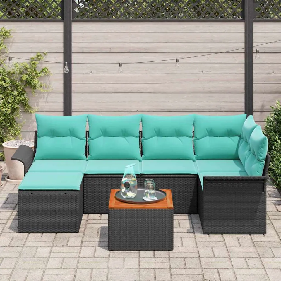 vidaXL Tuinbankenset 7 st Zwart en Turquoise poly rattan, foto 3