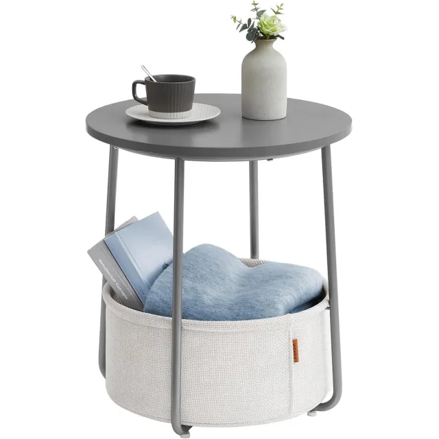 FurnStar Petite Ronde Salontafel - Bijzettafel met Opbergmand - Modern voor Woonkamer en Slaapkamer - Cementgrijs en Wolwit
