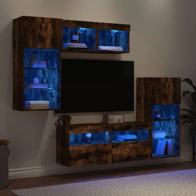 vidaXL 5-delige tv-wandmeubelset met LED bewerkt hout gerookt eiken, foto 2