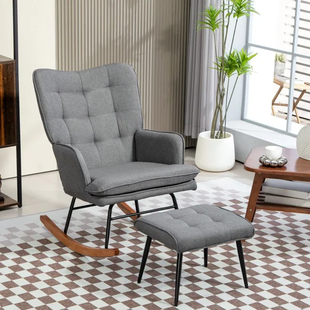 HAUSS SPOLE Schommelstoel - Relaxfauteuil Met Hocker - Met Armleuningen En Hoge Rugleuning - Voor Woonkamer En Leeshoek - Stof Donkergrijs