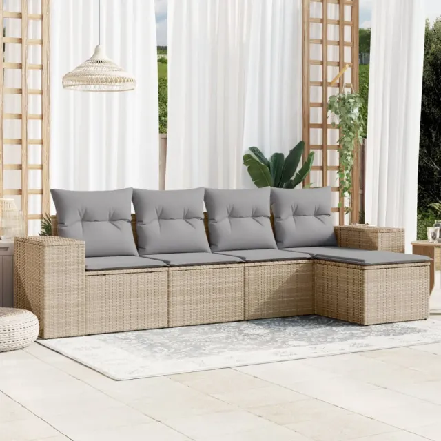 vidaXL 5-delige Loungeset met kussens poly rattan beige, foto 2