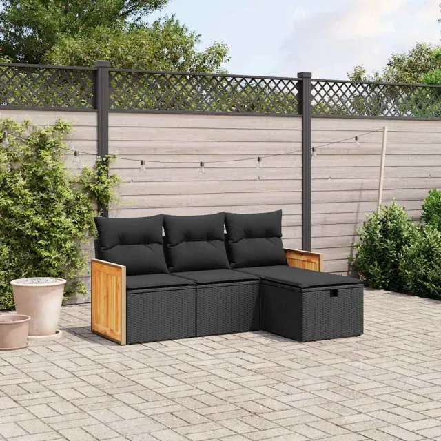 vidaXL 4-delige Loungeset met kussens poly rattan zwart, foto 2