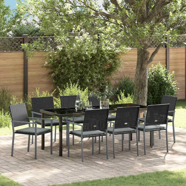 vidaXL Tuin eettafelset 9 st Zwart en Licht Grijs PE Rattan, foto 2