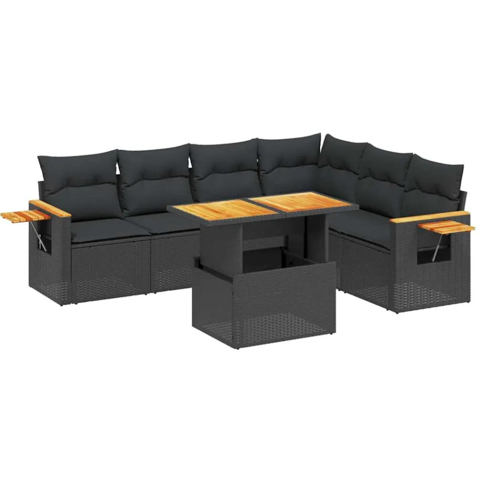 vidaXL 7-delige Loungeset met kussens poly rattan zwart, foto 3