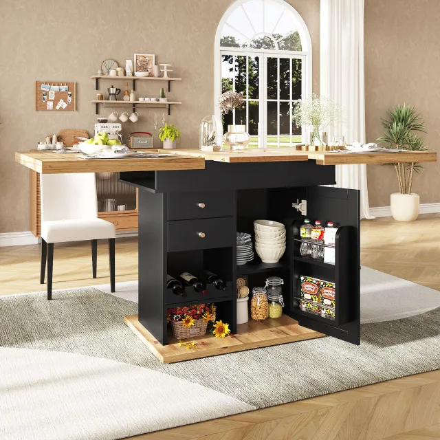 Maisentiel Uitschuifbare eettafel met lade en wijnrek - 110-140 x 80 x 75 cm - zwart/naturel