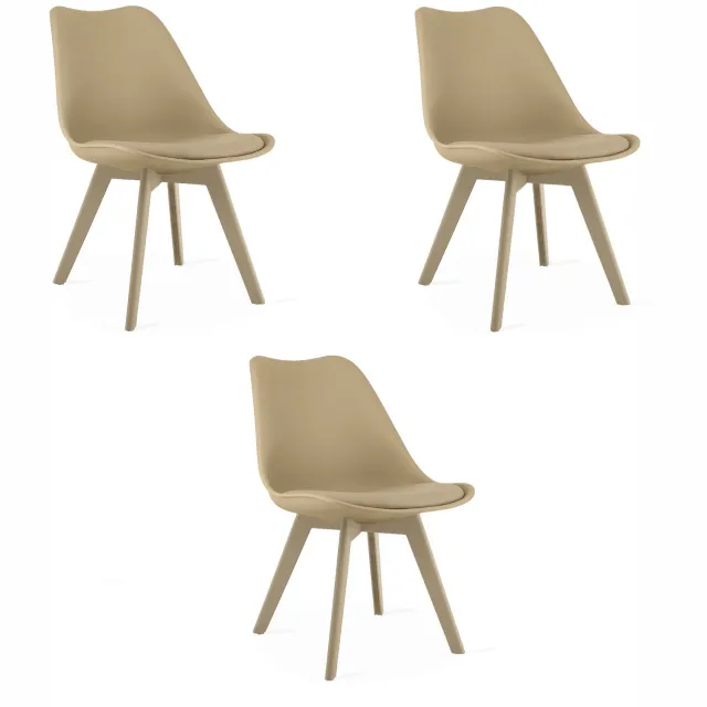 LEOBERT MARK Eetkamerstoelen – Set van 3 – Beige Kunststof met Kunstleren Zitkussen – Kunststof Poten – Comfortabele Zitting – Modern Design – Moderne Stoel voor Eettafel, Keuken en Eetkamer