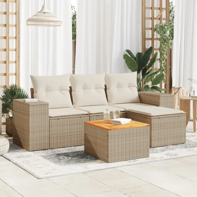 vidaXL 5-delige Loungeset met kussens poly rattan beige, foto 2