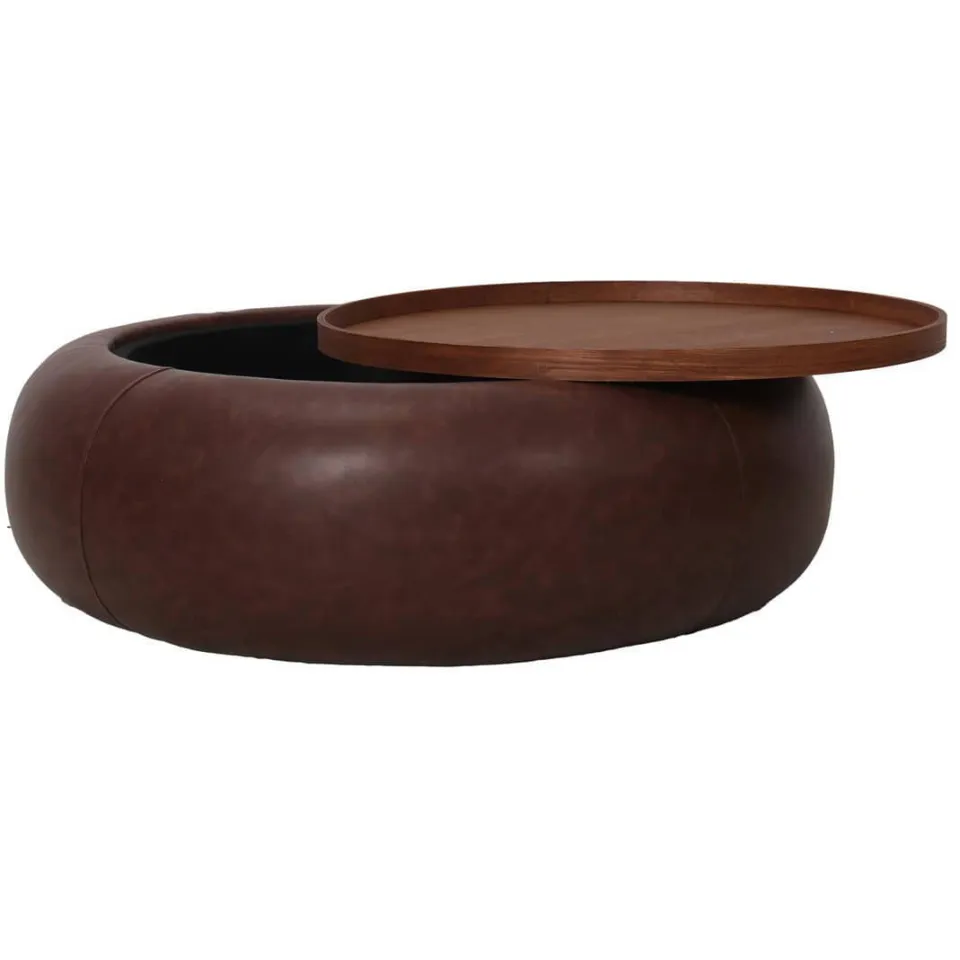 Giga Meubel Salontafel Draby - Donkerbruin/Walnoot - PU Leer - Ø102x34cm, foto 4