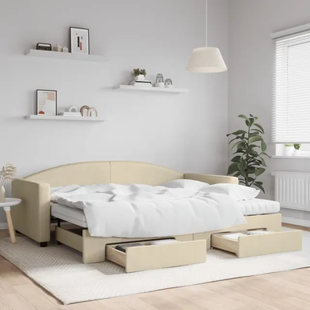 vidaXL Slaapbank met onderschuifbed en lades 90x200 cm stof crèmekleur