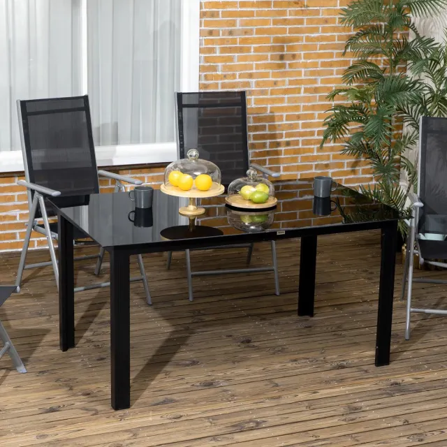 Pugsdrly Tuintafel voor 6 personen, weerbestendig, gehard glas, terrastafel, 150 cm x 90 cm x 74 cm, zwart