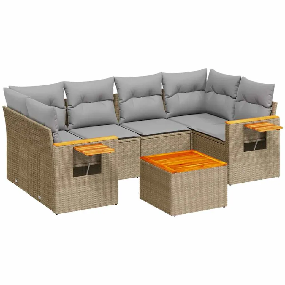 vidaXL 7-delige Loungeset met kussens poly rattan beige, foto 3