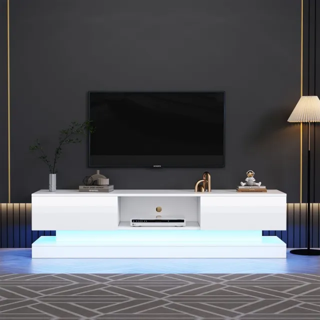 HAUSS SPOLE TV meubel - Hoogglans TV-meubel met 2 lades en LED-verlichting - Voor woonkamer, eetkamer en slaapkamer - 160x35x40.5 cm - Hout - Wit