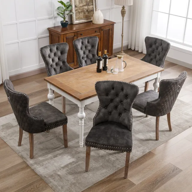 Welltin Eetkamerstoel - 6 stuks - keukenstoel, woonkamerstoel met unieke deurklopper aan de achterkant - gestoffeerde stoel met siernagels, massief houten poten, fluwelen bekleding, grijs