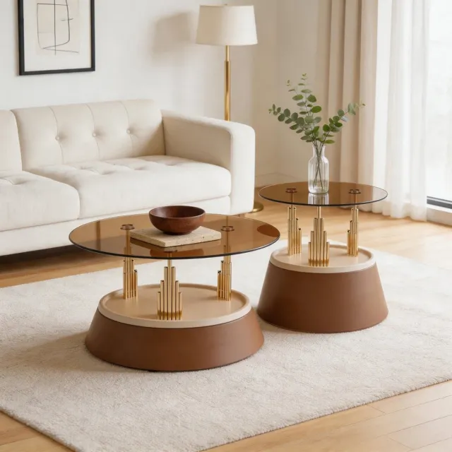 MODENUIT Salontafelset - Rond Nesting Design Met Glasplaat - Woonkamer - Glas En Metaal - Bruin Brown