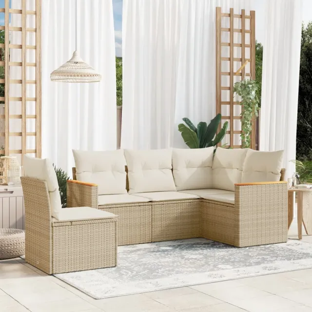 vidaXL 5-delige Loungeset met kussens poly rattan beige, foto 2